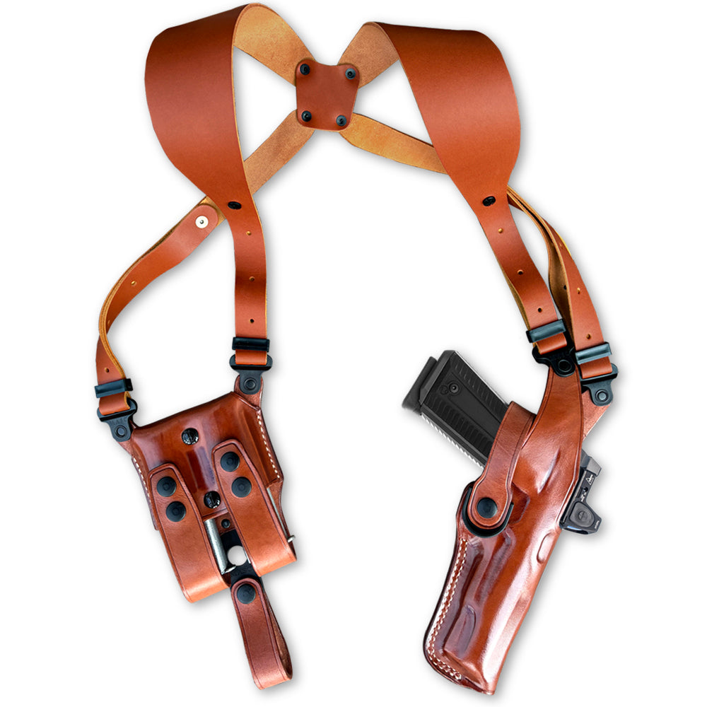 Custom Leather Vertical Shoulder Holster with Double Magazine Pouch – Fits Pistols w/ & w/out Optic Ready / Red Dot Sight
