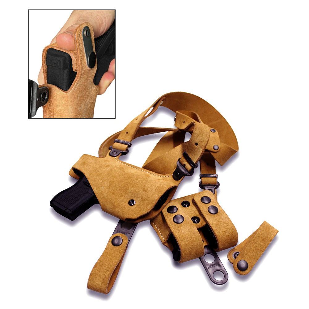 Suede Leather Horizontal Shoulder Holster With Double Magazine Carrier