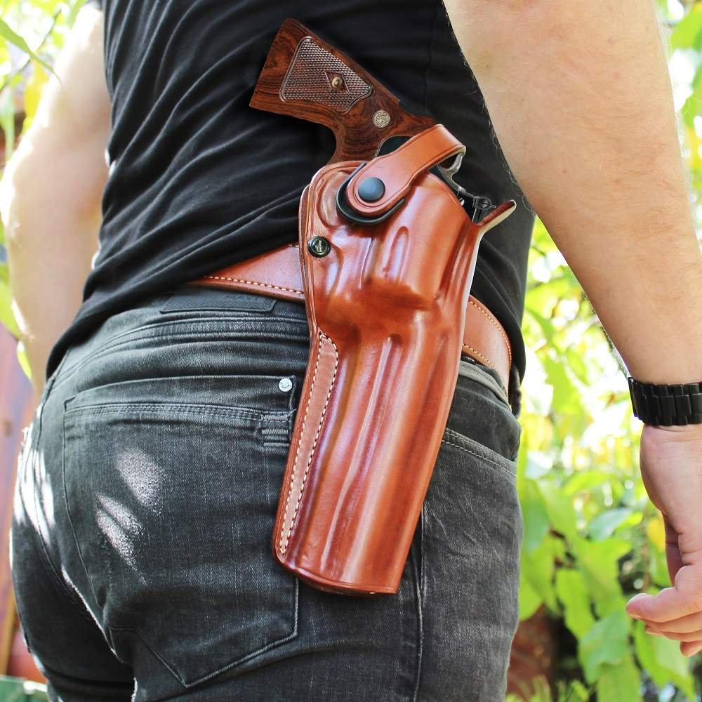 Premium Leather Three Slots Belt Holster with Retention Strap For Heavy Revolvers