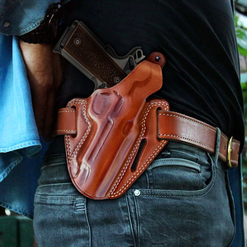 Cocked & Locked 1911 4″ & 5″, OWB Leather Pancake Holster – Three-Slot, Thumb Break Retention