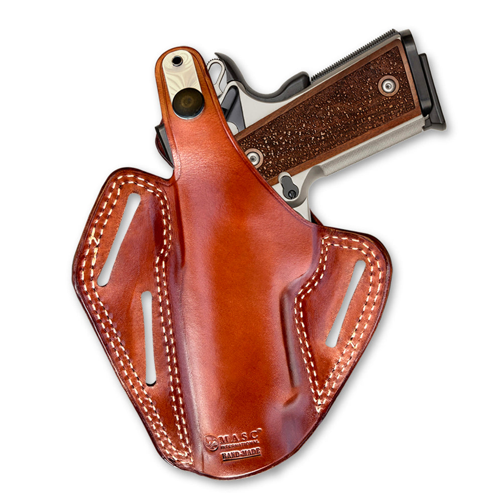 Cocked & Locked 1911 4″ & 5″, OWB Leather Pancake Holster – Three-Slot, Thumb Break Retention
