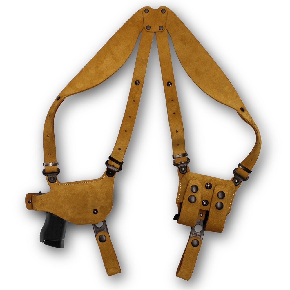 Suede Leather Horizontal Shoulder Holster With Double Magazine Carrier