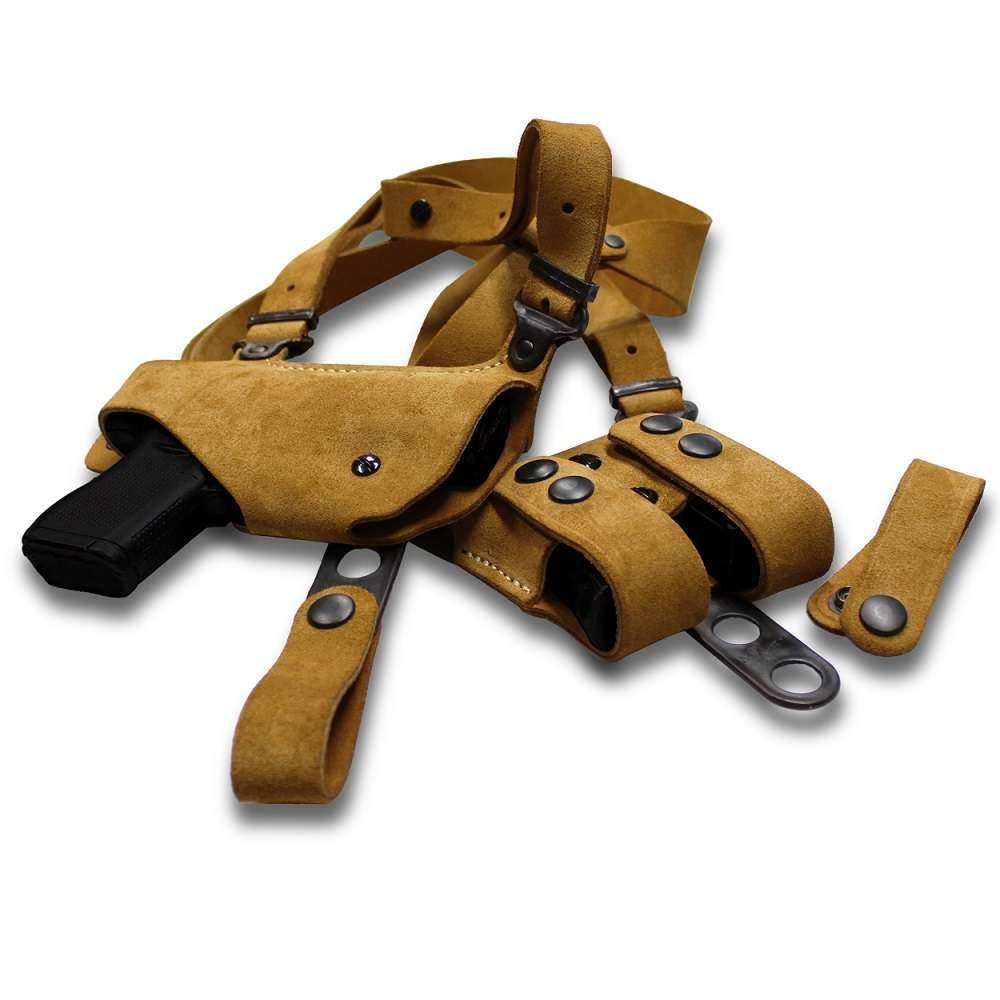 Suede Leather Horizontal Shoulder Holster With Double Magazine Carrier