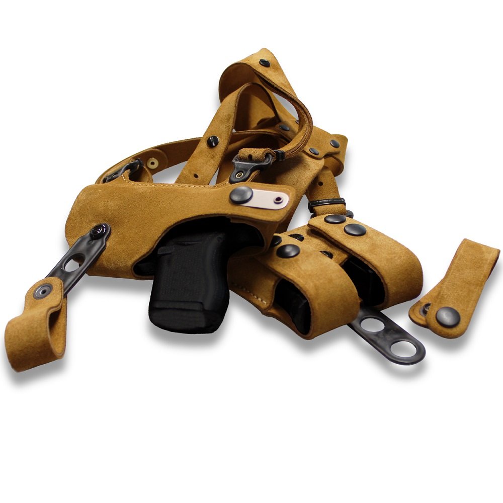 Suede Leather Horizontal Shoulder Holster With Double Magazine Carrier