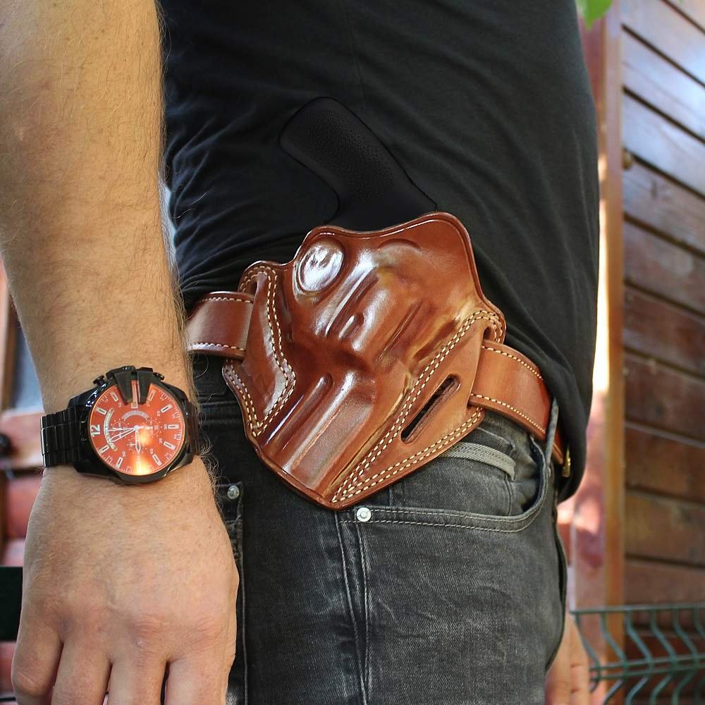 3 - Slot Leather OWB Pancake Holster With Open Top For Revolvers