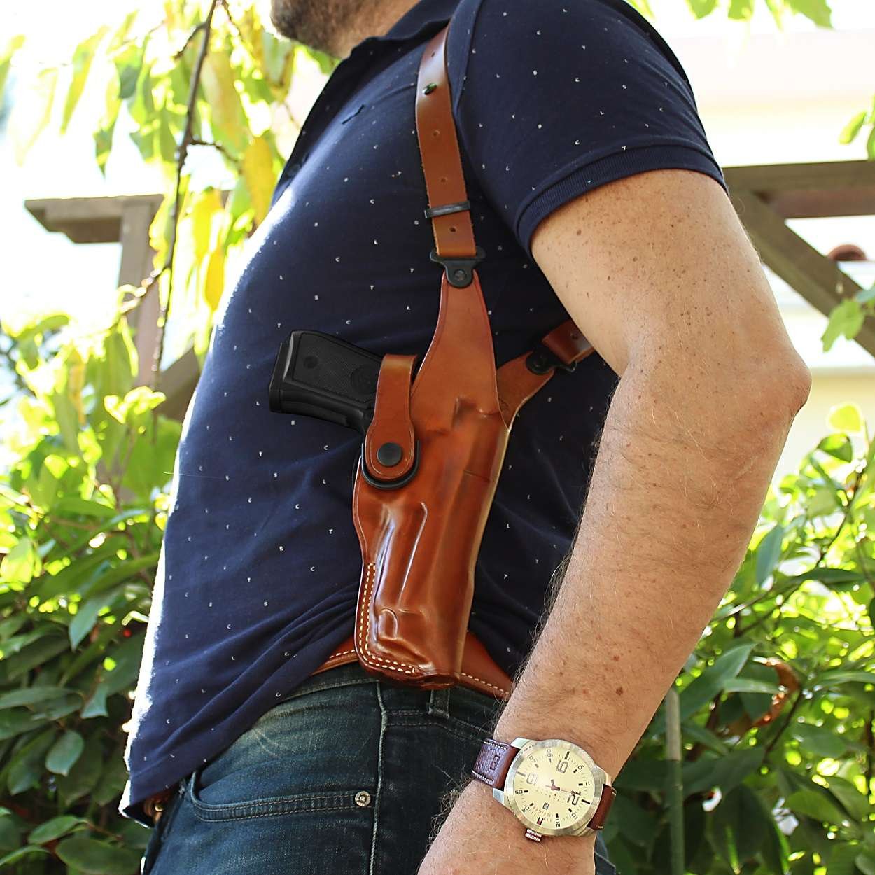 Premium Leather Vertical Shoulder Holster With Double Magazine Pouch