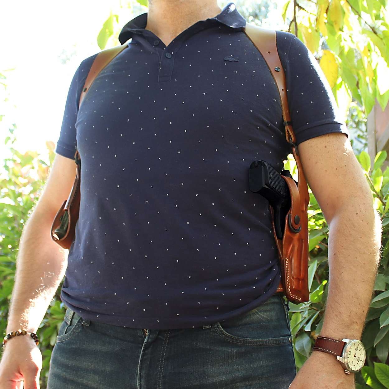 Custom Leather Vertical Shoulder Holster with Double Magazine Pouch – Fits Pistols w/ & w/out Optic Ready / Red Dot Sight