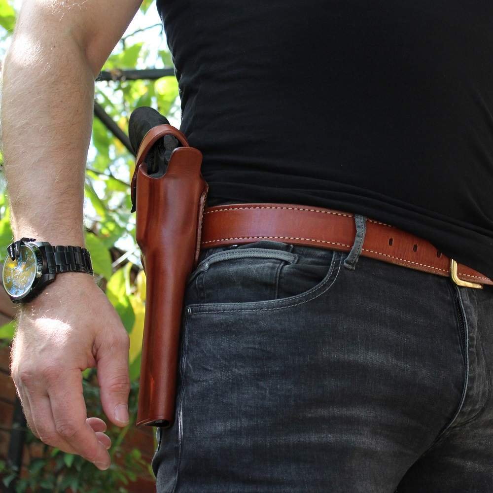 Premium Leather Three Slot Belt Holster with Retention Strap For Heavy Revolvers