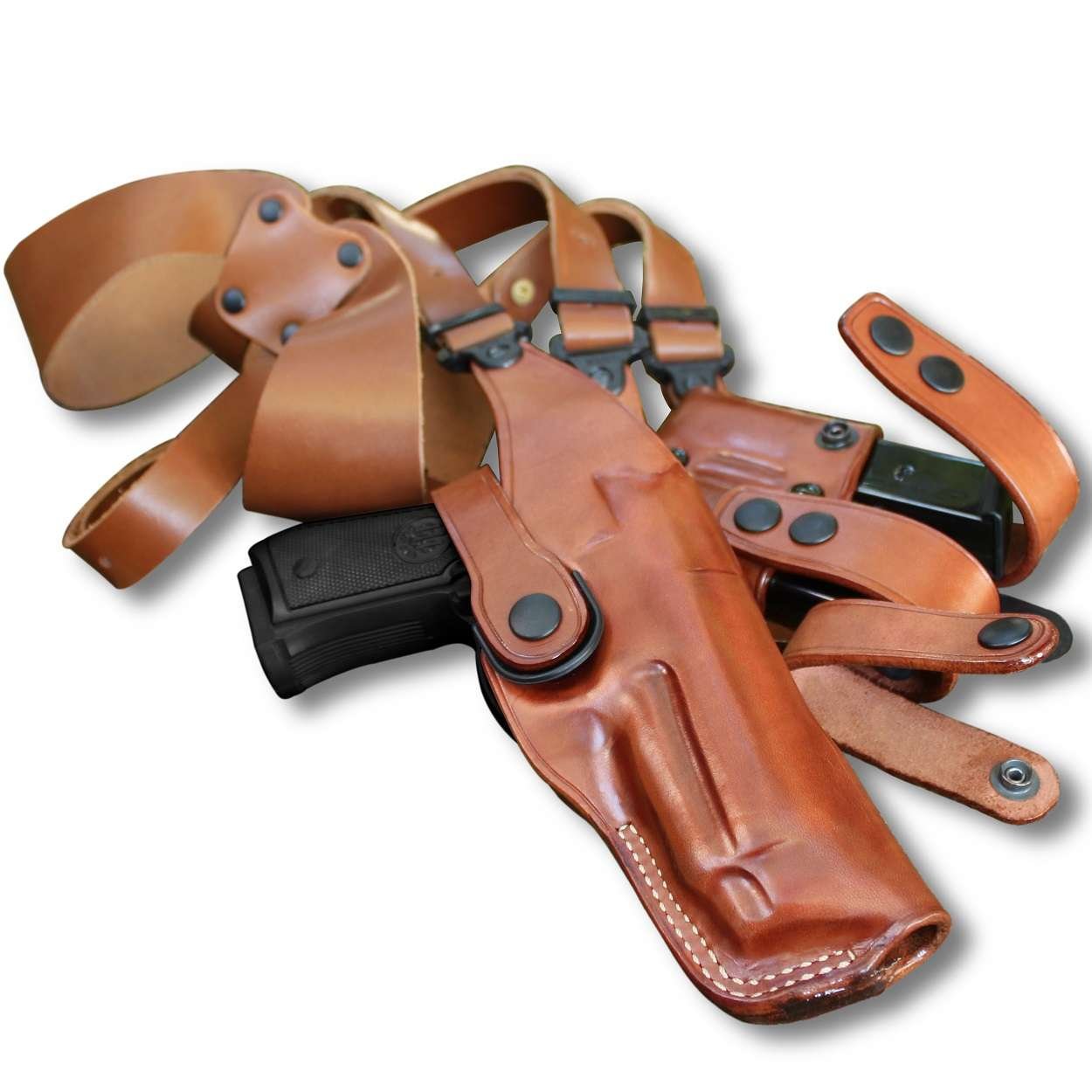 Premium Leather Vertical Shoulder Holster With Double Magazine Pouch