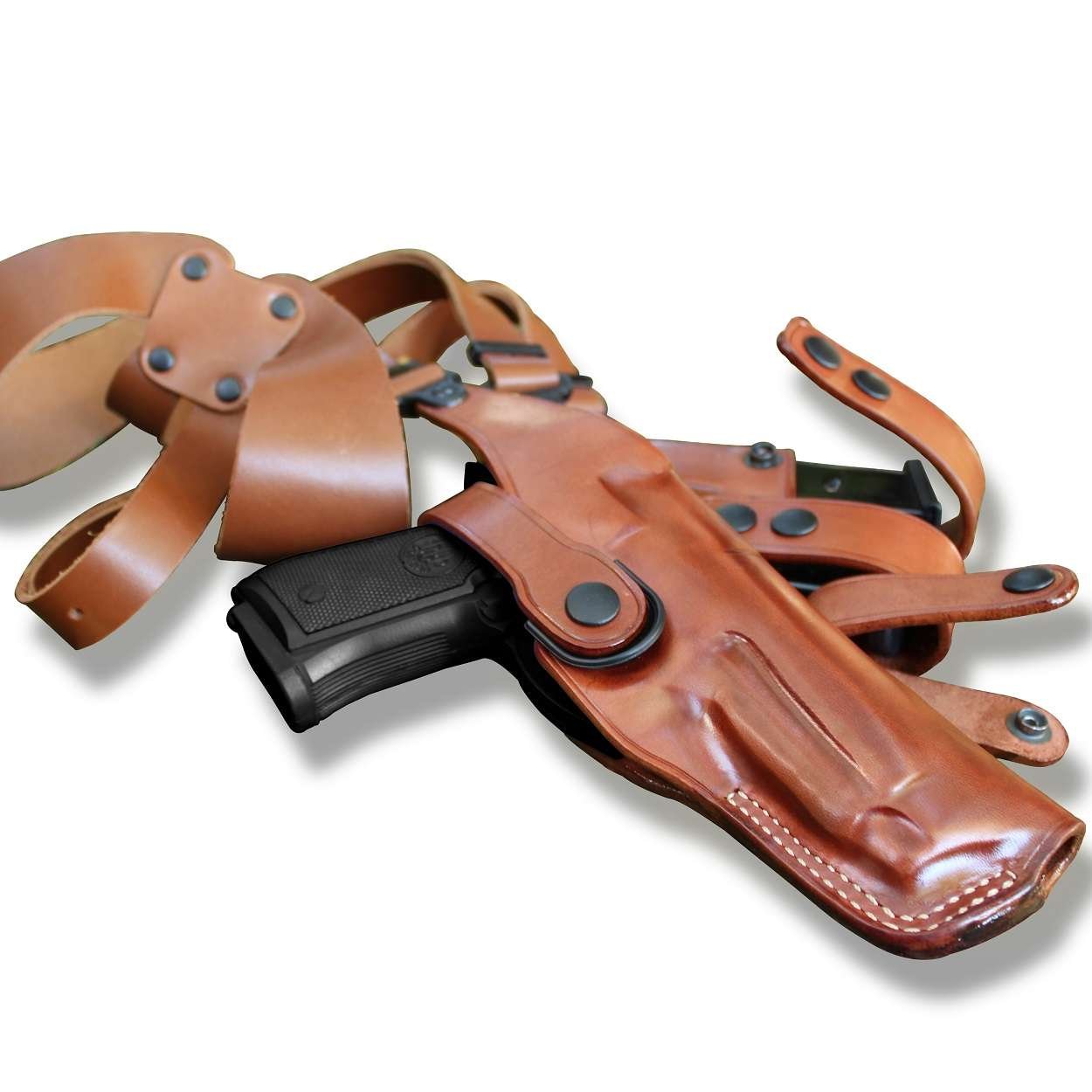Premium Leather Vertical Shoulder Holster With Double Magazine Pouch
