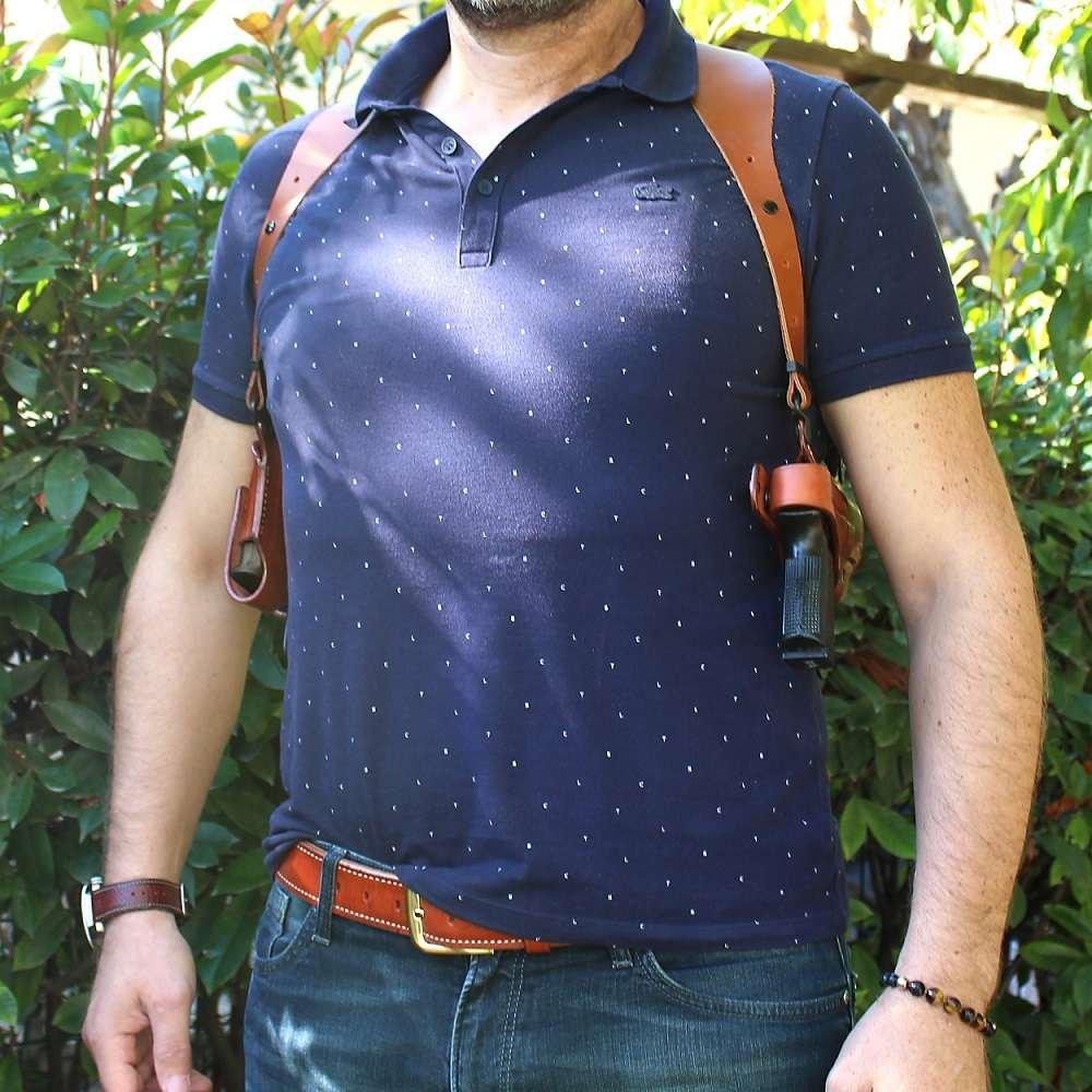 Premium Leather Horizontal Shoulder Holster With Single Magazine Carrier