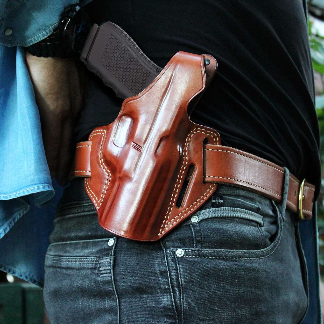 3- Slot OWB Leather Pancake Holster With Thumb Break For Good Retention