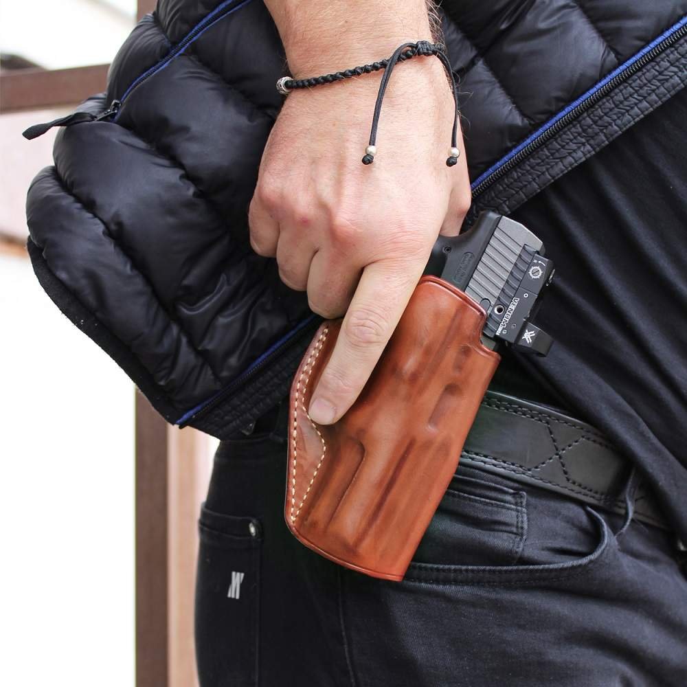 Optic Ready/ Red Dot Sight Custom OWB Leather Paddle Holster Open Top For Fast Drawing & Adjustable Paddle