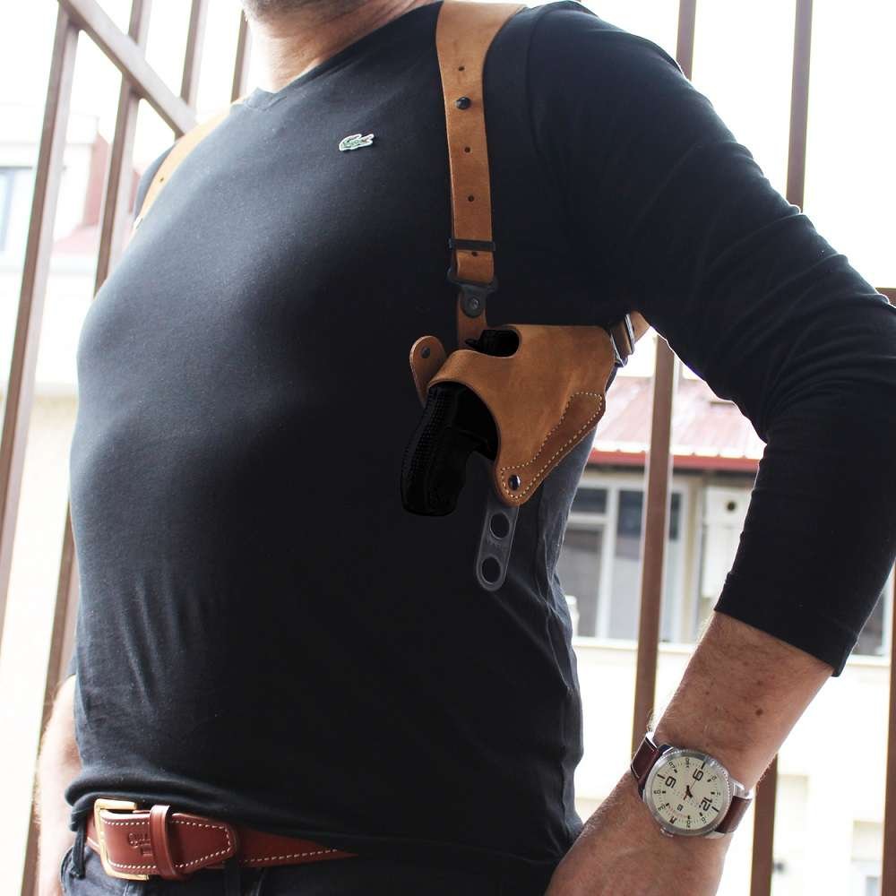 Suede Leather Horizontal Shoulder Holster With Double SpeedLoader Pouch