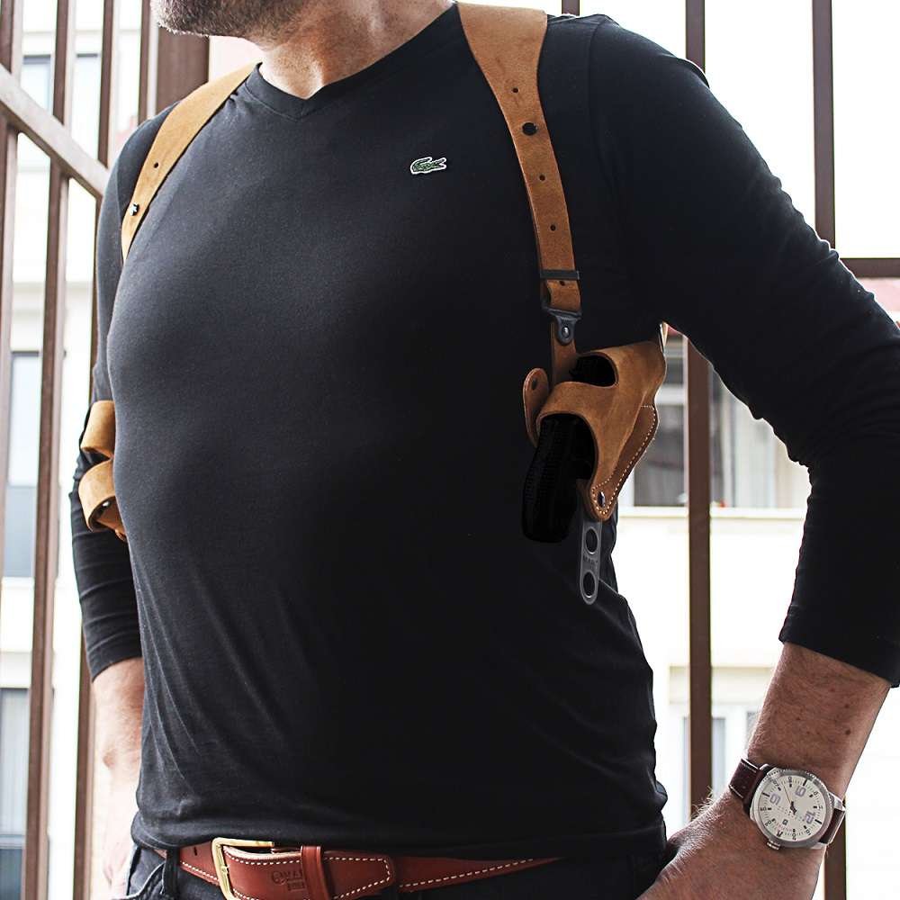 Suede Leather Horizontal Shoulder Holster With Double SpeedLoader Pouch