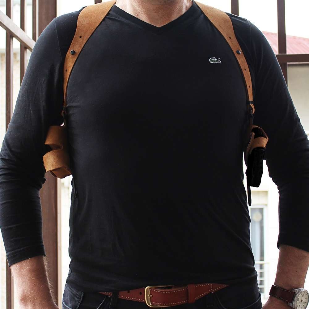 Suede Leather Horizontal Shoulder Holster With Double SpeedLoader Pouch