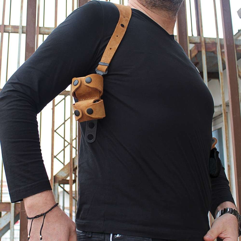 Suede Leather Horizontal Shoulder Holster With Double SpeedLoader Pouch