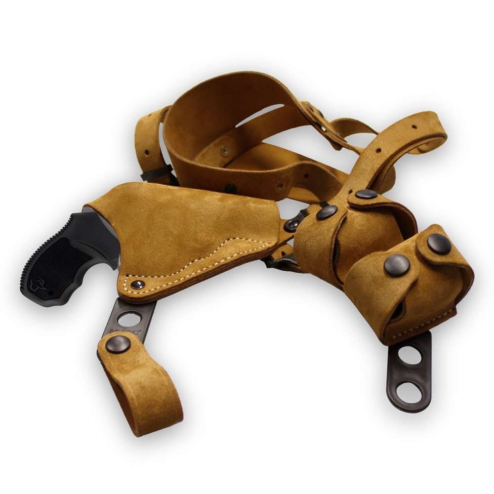 Suede Leather Horizontal Shoulder Holster With Double SpeedLoader Pouch