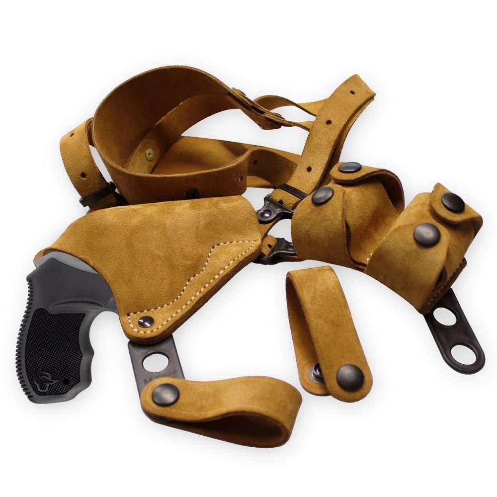 Suede Leather Horizontal Shoulder Holster With Double SpeedLoader Pouch