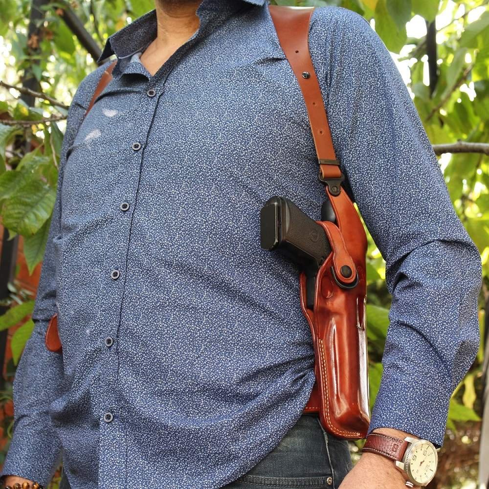 Leather Vertical Shoulder Holster With Double Magazine Carrier For Desert Eagle