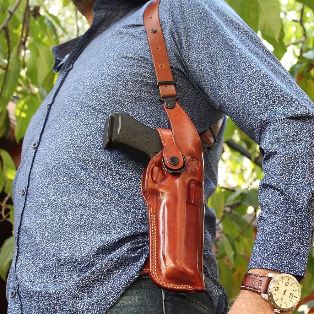 Leather Vertical Shoulder Holster With Double Magazine Carrier For Desert Eagle