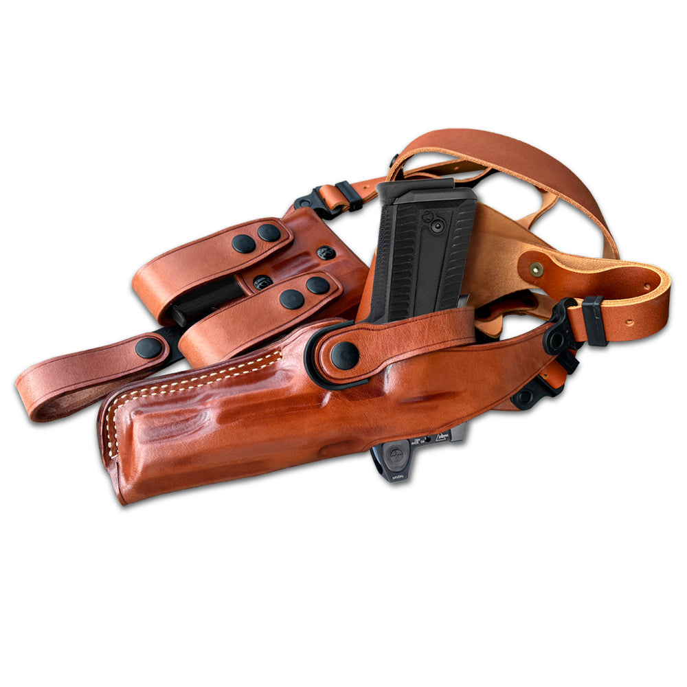 Custom Leather Vertical Shoulder Holster with Double Magazine Pouch – Fits Pistols w/ & w/out Optic Ready / Red Dot Sight