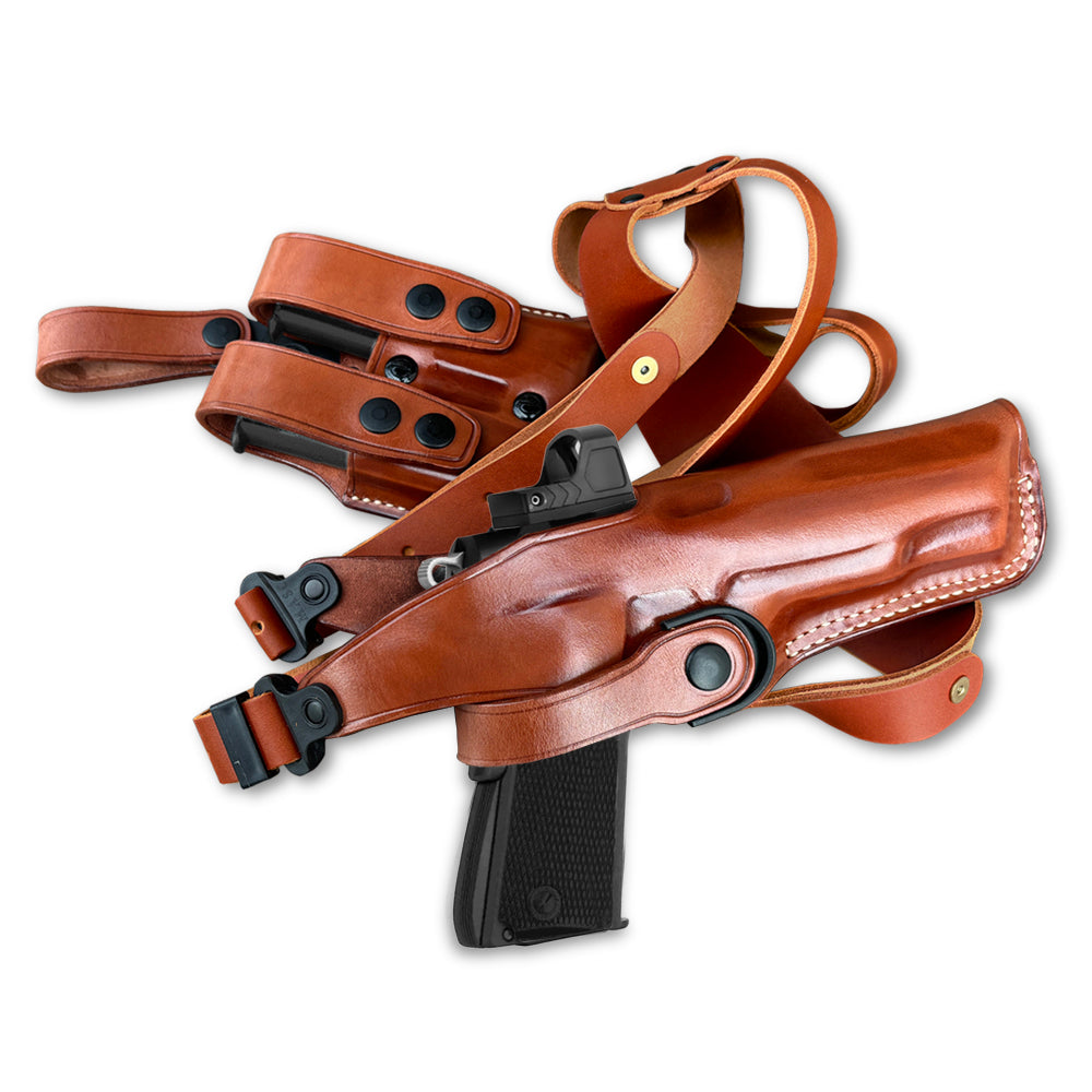 Custom Leather Vertical Shoulder Holster with Double Magazine Pouch – Fits Pistols w/ & w/out Optic Ready / Red Dot Sight