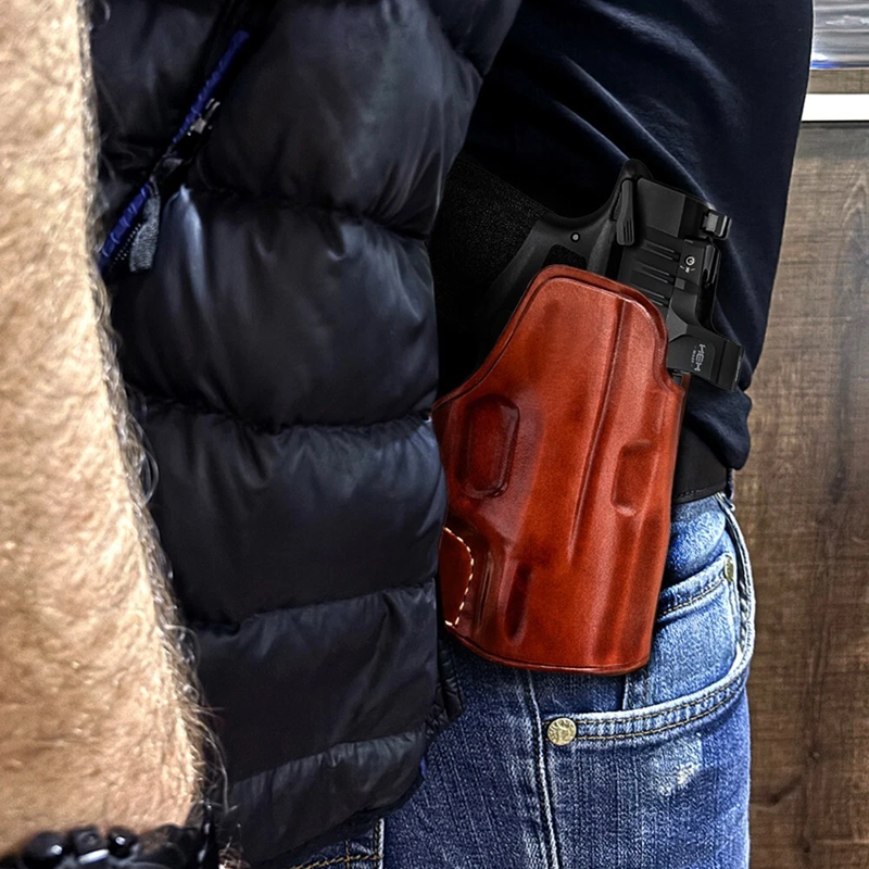 Optic Ready/ Red Dot Sight Custom OWB Leather Paddle Holster Open Top For Fast Drawing & Adjustable Paddle