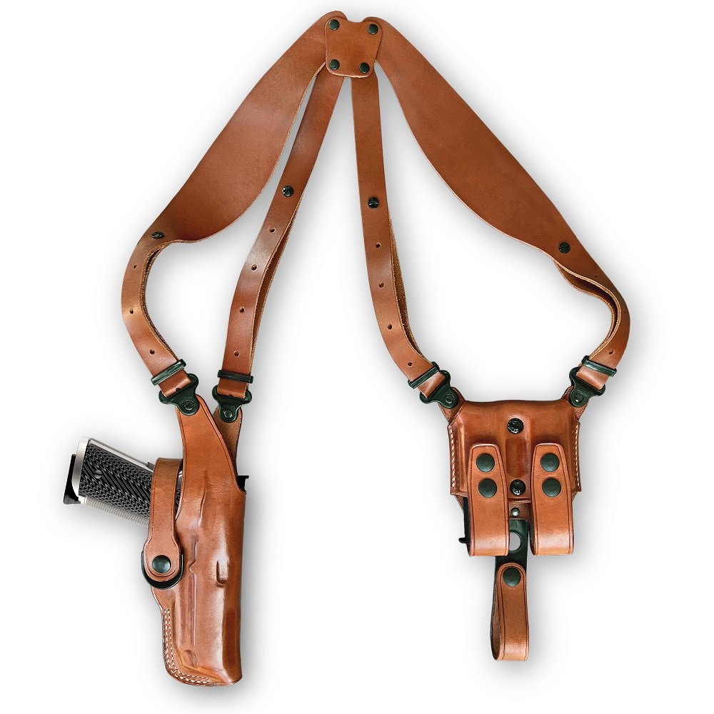 Premium Leather Vertical Shoulder Holster With Double Magazine Pouch