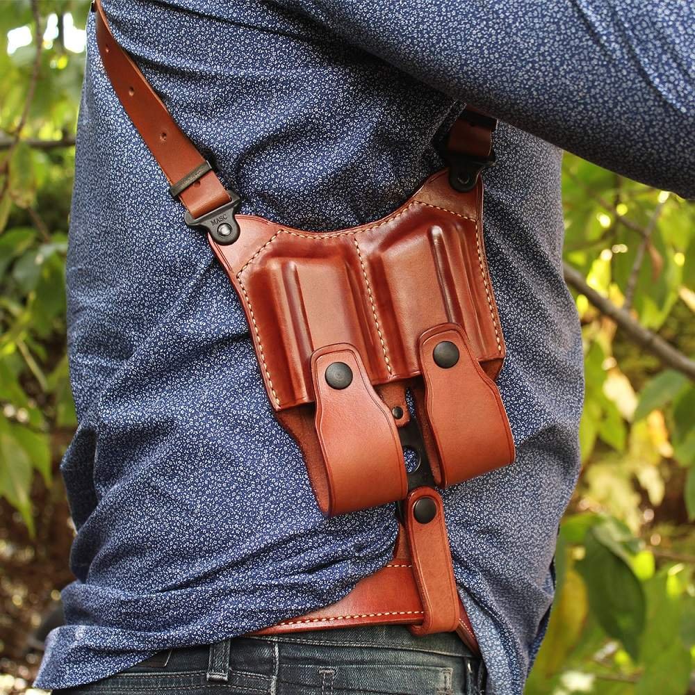 Masc Holster KA1-VR KOZA Premium Leather Vertical Shoulder Holster For Sig Sauer – Right Hand, Brown, Double Mag Case